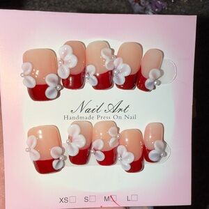 Handmade Press-On Nails - Red & Nude Floral Design